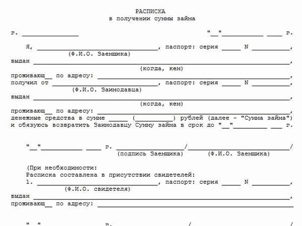 Пример заполнения расписки в текстовом формате